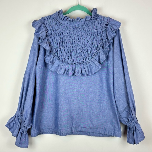 Elizabeth Wilson Designs Women’s Ruffle Pleated Chambray Blouse Sz L - Picture 1 of 9